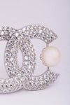 925 Silver Crystal Pave CC Logo Pearl Brooch for Women