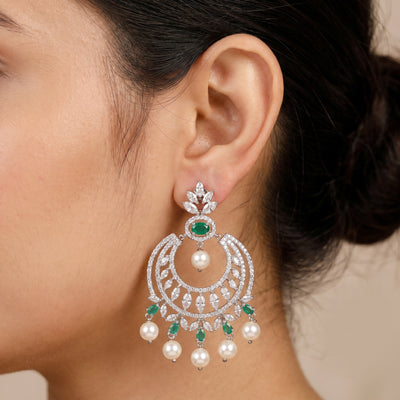 925 Sterling Silver Emerald Pearl Chandbali Earrings