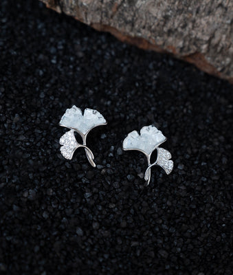 Sakura Whisper Ginkgo Leaf CZ Studded Silver Studs