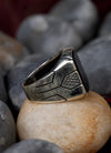 925 Sterling Silver Iron Crest Mens Black Stone Ring